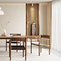 Modern Restaurant Interior Featuring Wooden Dining Table Woven Chairs Pendant Light And Decorative Shelves