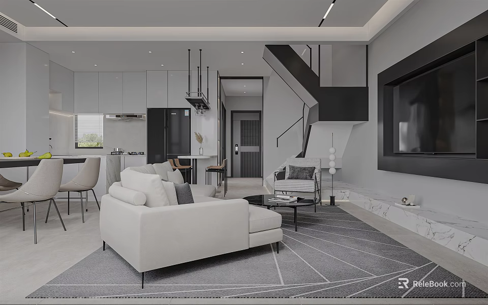 Modern Living Dining Room Interior With Light Sofa Dining Table TV Wall And Area Rug 3d model 