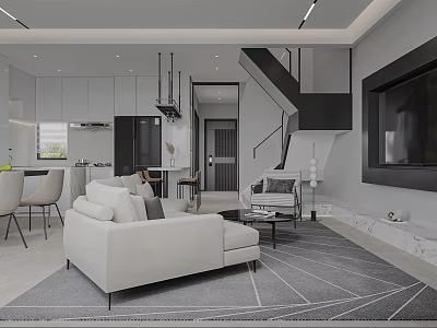 Modern Living Dining Room Interior With Light Sofa Dining Table TV Wall And Area Rug 3d model