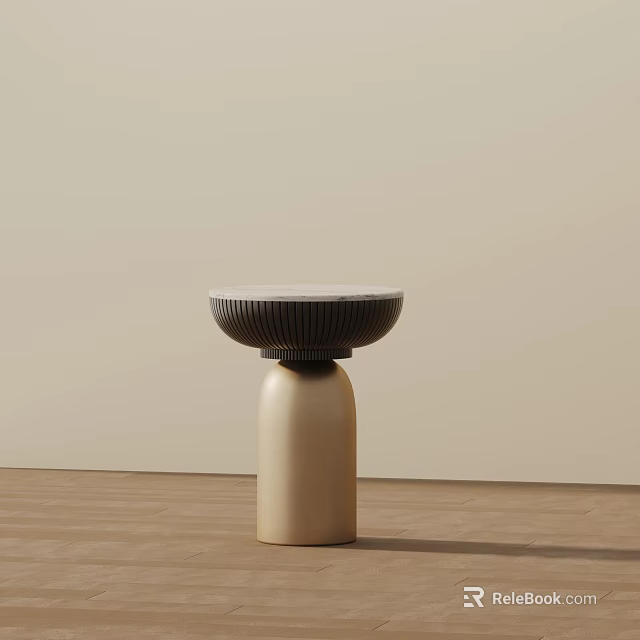 Modern Minimalist Side Table With Golden Bottle Shaped Base Round Top And Black Ribbed Detail 3d model 