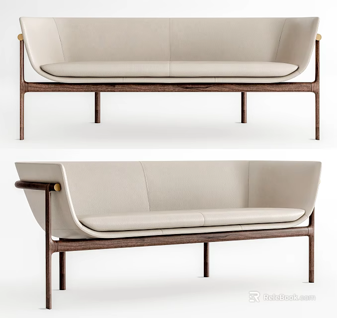 Modern Beige Leather Two Seater Sofa With Walnut Wooden Frame And Metal Accents 3d model 