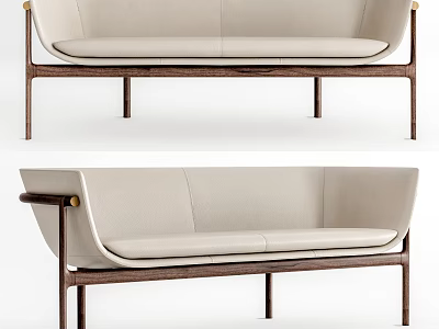 Modern Beige Leather Two Seater Sofa With Walnut Wooden Frame And Metal Accents 3d model