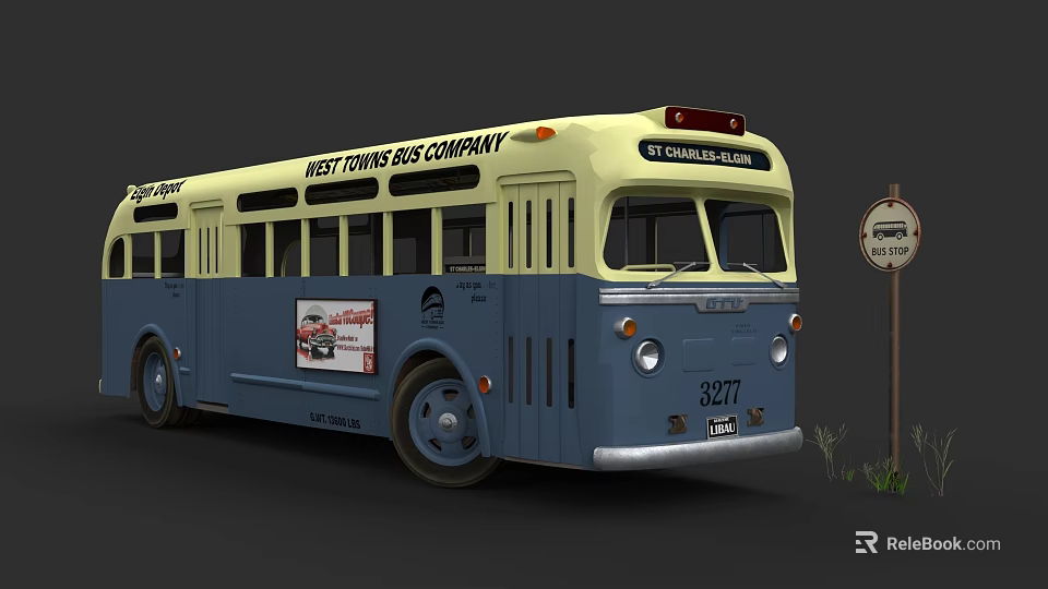 Vintage New Town Bus Company Blue And Yellow Classic Bus On Charles Avenue 3d model 