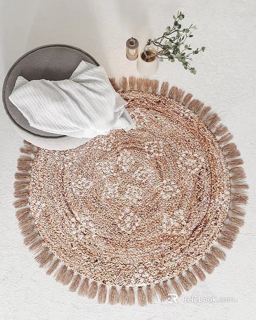 Round Braided Rug With Tassel Edges And Cozy Decor Items 3d model