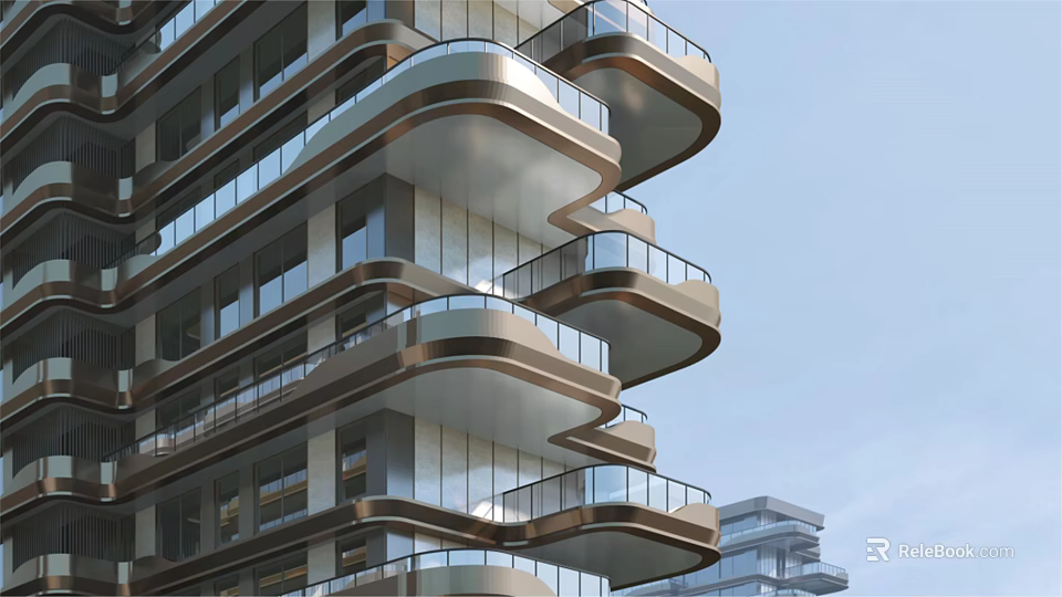 Modern High Rise Building Exterior With Curved Balconies And Glass Facade 3d model 