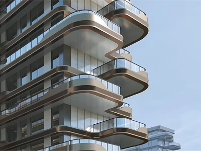 Modern High Rise Building Exterior With Curved Balconies And Glass Facade 3d model