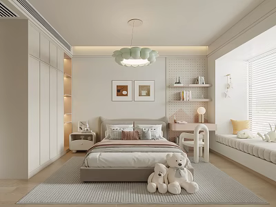 Cream Children's Room Girls' Room Bedroom Chandelier Desk Bay Window Mat Double Bed Wardrobe 3d model