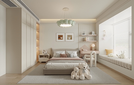 Cream Children's Room Girls' Room Bedroom Chandelier Desk Bay Window Mat Double Bed Wardrobe 3d model