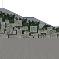 Outdoor Feature Wall with Layered Stone Blocks Chinese Inscriptions and Green Plant Decorations