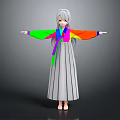 Human Character With Long Gray Hair In Colorful Traditional Top And Gray Striped Skirt