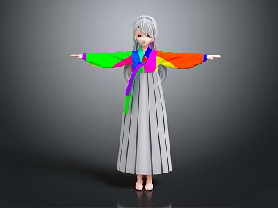 Human Character With Long Gray Hair In Colorful Traditional Top And Gray Striped Skirt 3d model