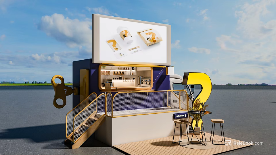 Functional Vehicle Featuring Large Display Screen Exhibition Space Wooden Staircase And Outdoor Tables With Stools 3d model 