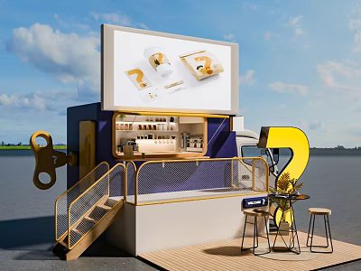 Functional Vehicle Featuring Large Display Screen Exhibition Space Wooden Staircase And Outdoor Tables With Stools 3d model