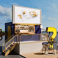 Functional Vehicle Featuring Large Display Screen Exhibition Space Wooden Staircase And Outdoor Tables With Stools