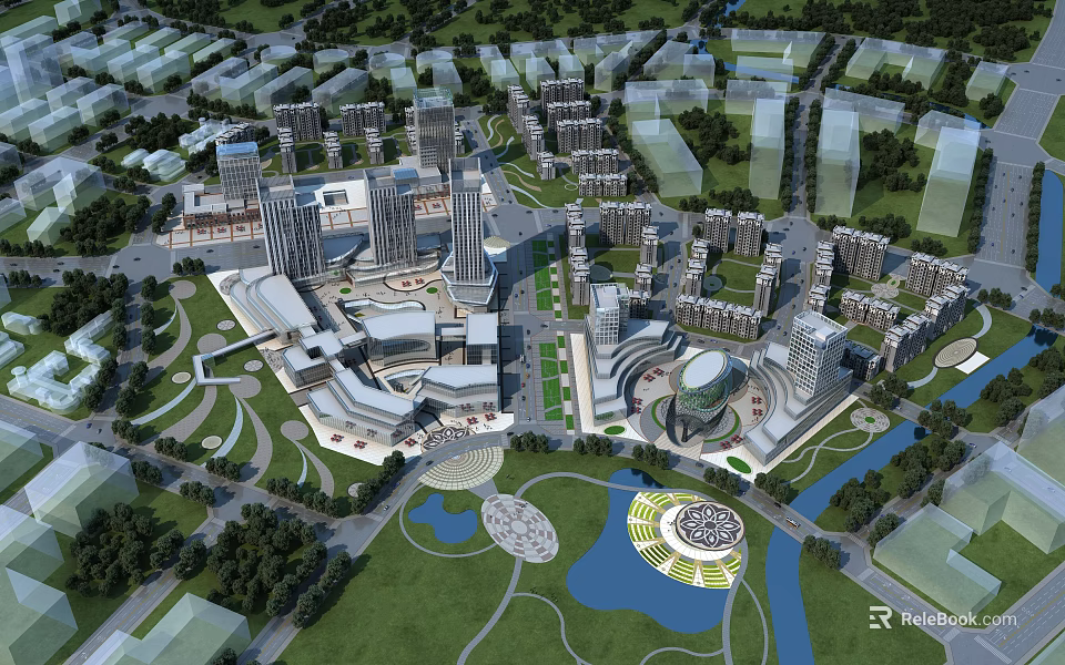 Birds Eye Urban Planning With High Rise Buildings Green Spaces Lakes And Roads 3d model 