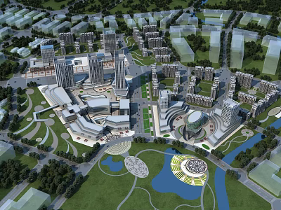 Birds Eye Urban Planning With High Rise Buildings Green Spaces Lakes And Roads 3d model