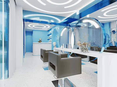 Modern Beauty Salon Interior With Circular Blue Lighting Stylish Mirrors And Gray Chairs 3d model