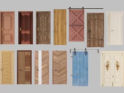 Multiple Hinged Door Styles with Wooden Textures Decorative Details and Colors 3d model