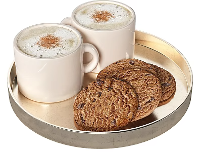 White Mugs with Foam and Cinnamon Sprinkles and Chocolate Chip Cookies on Gold Tray 3d model