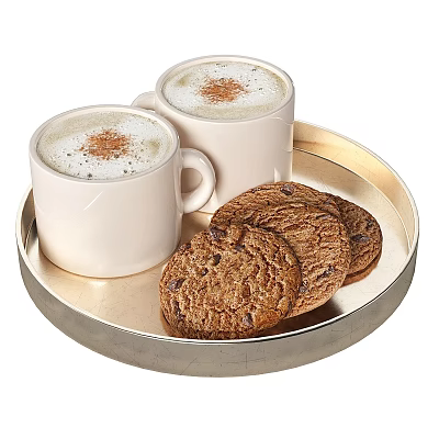 White Mugs with Foam and Cinnamon Sprinkles and Chocolate Chip Cookies on Gold Tray 3d model