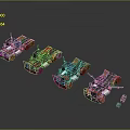 Four Red And Black Off Road Model Cars Arranged In A Row With Equipment