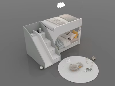 Kids Room Light Colored Bunk Bed With Stairs Storage And Toys On Round Rug 3d model