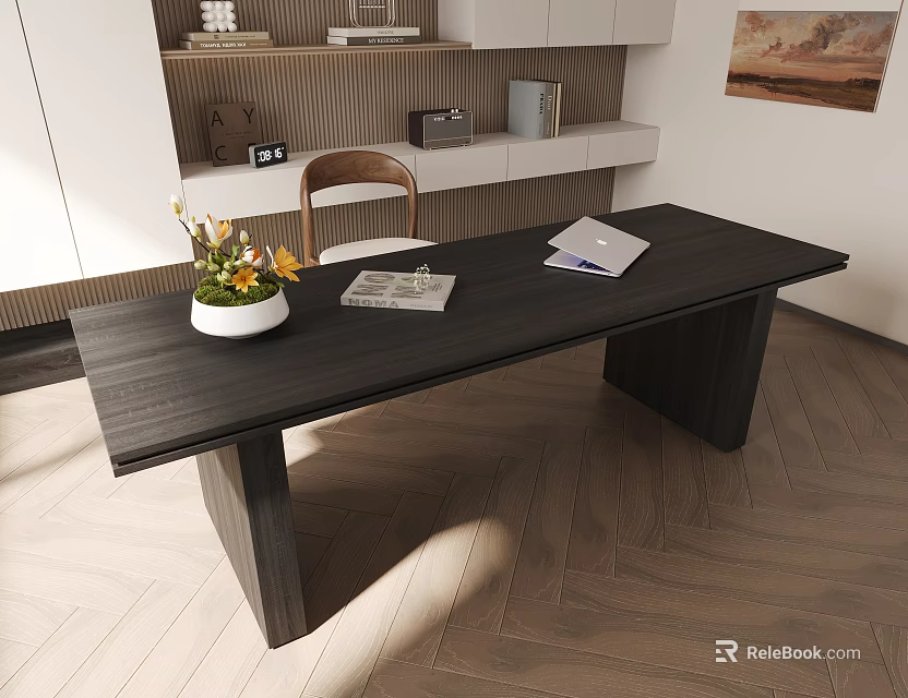 Modern Black Wooden Table And Chair Set With Flower Vase And Magazines In Bright Interior Space 3d model 