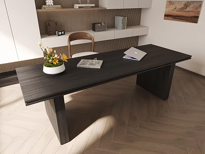 Modern Black Wooden Table And Chair Set With Flower Vase And Magazines In Bright Interior Space 3d model