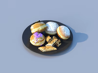 Assorted Flaky Sweet Pastries On Black Plate With Cream And Powdered Sugar 3d model