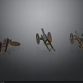 Three Ancient Military Cannons With Wheels In Different Styles And Gray Brown Colors