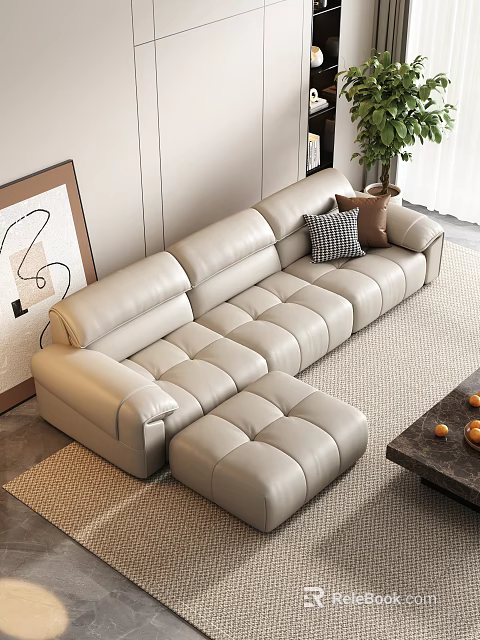 Beige Leather L Shape Sofa and Wooden Coffee Table Set with Fruits Rugs and Art 3d model 