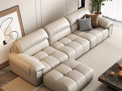 Beige Leather L Shape Sofa and Wooden Coffee Table Set with Fruits Rugs and Art 3d model