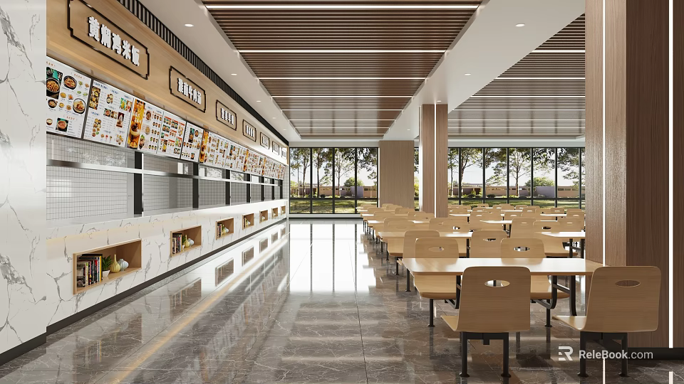Modern Open Restaurant Long Menu Display Wall Tables Chairs Large Windows And Marble Floor 3d model 