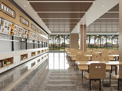 Modern Open Restaurant Long Menu Display Wall Tables Chairs Large Windows And Marble Floor 3d model