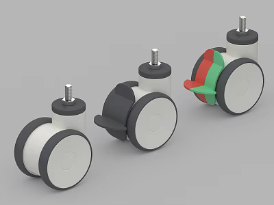 Three Different Design Furniture Casters With White Wheels And Colorful Brakes 3d model