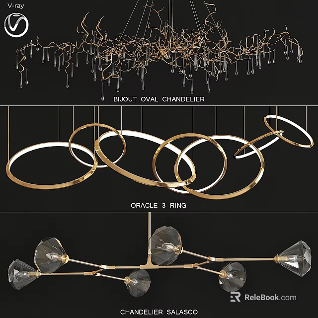 Modern Chandelier Designs Featuring Oval Shape Three Ring Structure And Crystal Glass Elements 3d model