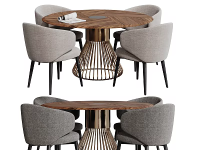 Modern Round Wooden Dining Table With Four Gray Upholstered Chairs And Metal Base 3d model