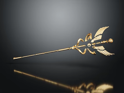 Golden Scepter Weapon With Wing Decorations Long Handle Ornamental Top On Dark Background With Reflection 3d model