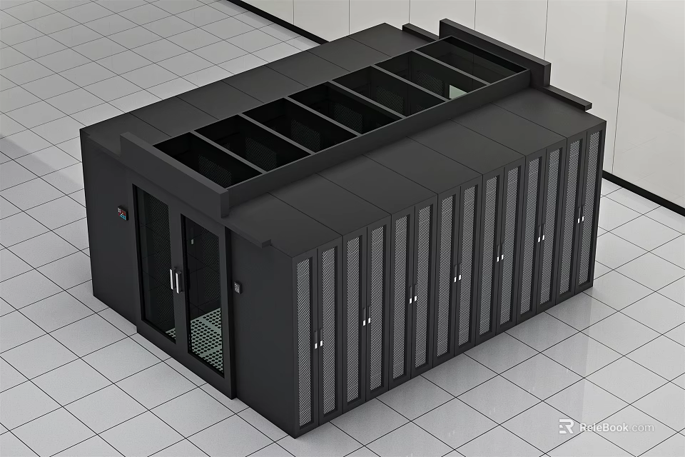 Black Server Cabinet Featuring Multiple Doors Ventilation Panels And Open Top Compartments On Tiled Floor 3d model 