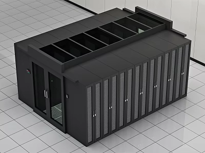 Black Server Cabinet Featuring Multiple Doors Ventilation Panels And Open Top Compartments On Tiled Floor 3d model