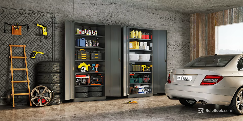 Garage Storage Cabinets Filled With Tools Oil Cans Tires And Car In Modern Space 3d model 