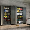 Garage Storage Cabinets Filled With Tools Oil Cans Tires And Car In Modern Space