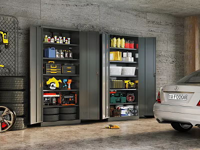 Garage Storage Cabinets Filled With Tools Oil Cans Tires And Car In Modern Space 3d model