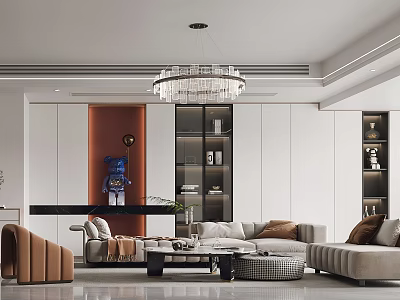 Modern Living Room Interior With Crystal Chandelier Sofa Coffee Table And Decorative Bookshelves 3d model