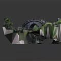 Geometric Scenic Model With Stone Arch Bridge Steps Green Vegetation And Stream