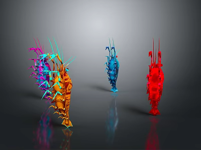 Vibrant Colored Aquatic Animals with Tentacles and Fins Structure on Gray Background with Reflections 3d model