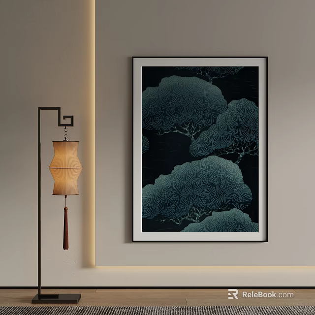 Home Interior Wall With Pine Trees Landscape Painting And Lantern 3d model