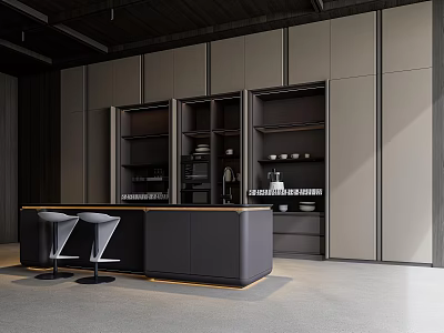 Modern Kitchen Cabinets With Dark Counter And Bar Stools Interior Design 3d model