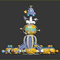 Rotating Amusement Ride Building with Central Tower MOON STAR Sign Yellow Cars and Blue Accents