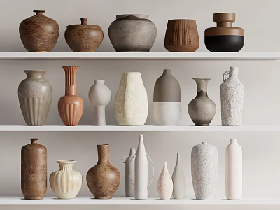 Decorative Ceramic Vessels In Various Colors And Different Shapes On Display Shelves 3d model